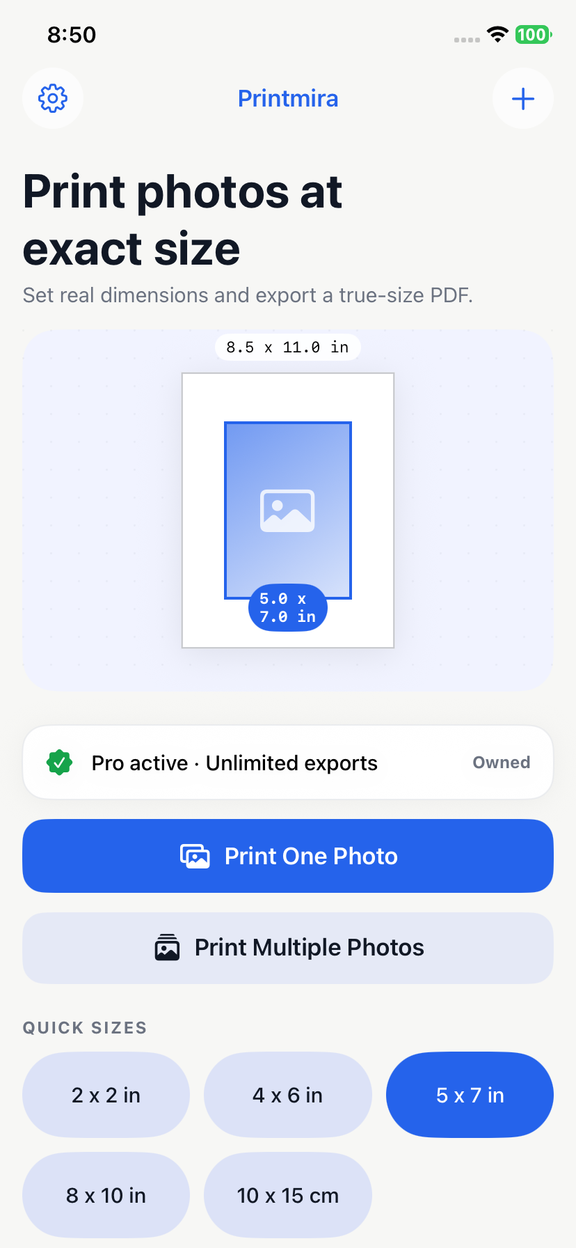 Printmira iPhone home screen showing a photo size preview and options to start a single or multiple photo project.